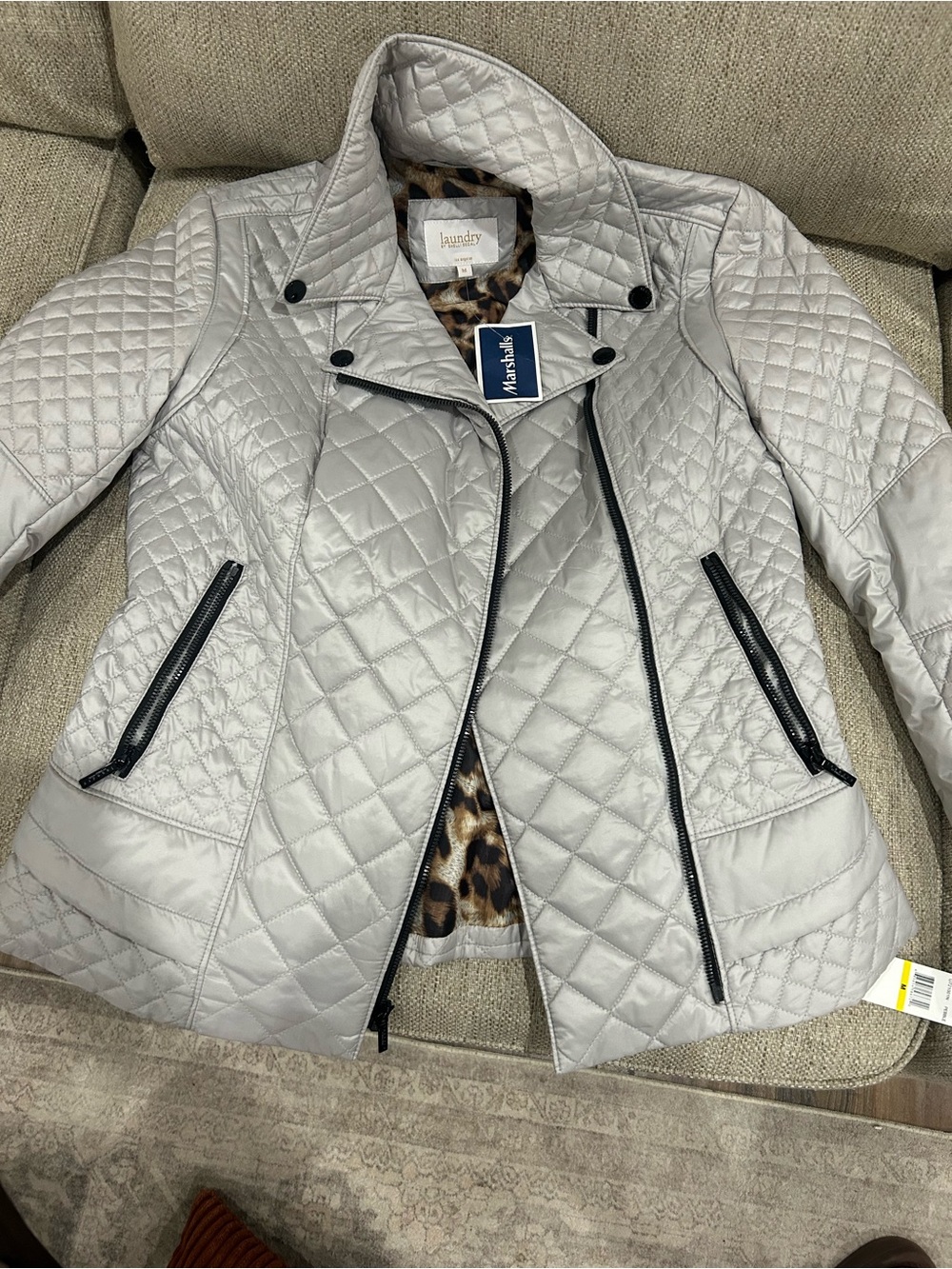 Laundry By Shelli Segal Quilted Light Silver Moto Puffer Jacket